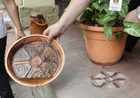 Uma mão virando prato de vaso de planta para retirar a água parada