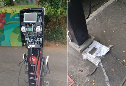 Ponto de recarga de carro elétrico vandalizado no Centro de Cachoeiro